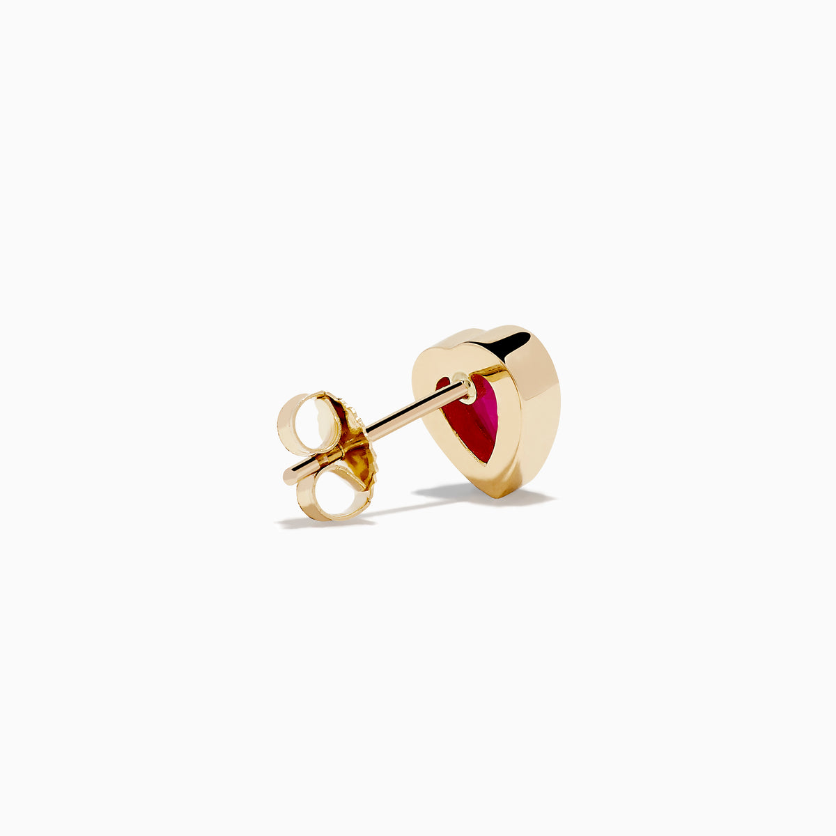 14K Yellow Gold Ruby Heart Earrings feature heart-shaped deep pink rubies set in the center, displayed on a white background—stylish and perfect for any occasion.