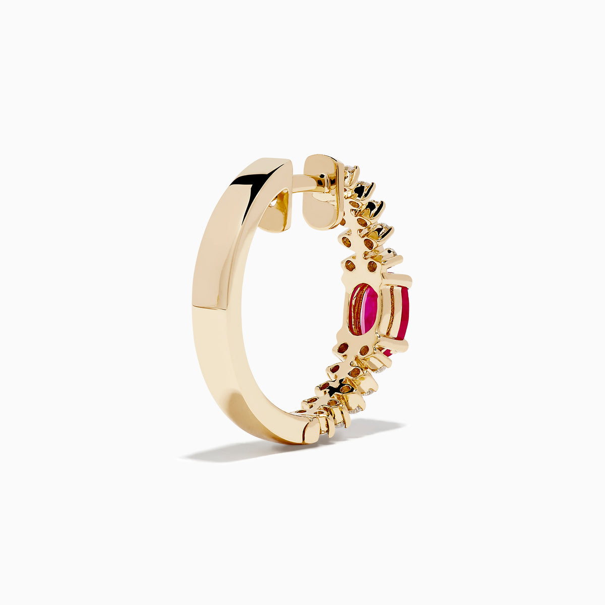 The 14K Yellow Gold Ruby and Diamond Hoops feature a central oval ruby accented by sparkling round diamonds on both sides—a stunning addition to your jewelry collection.