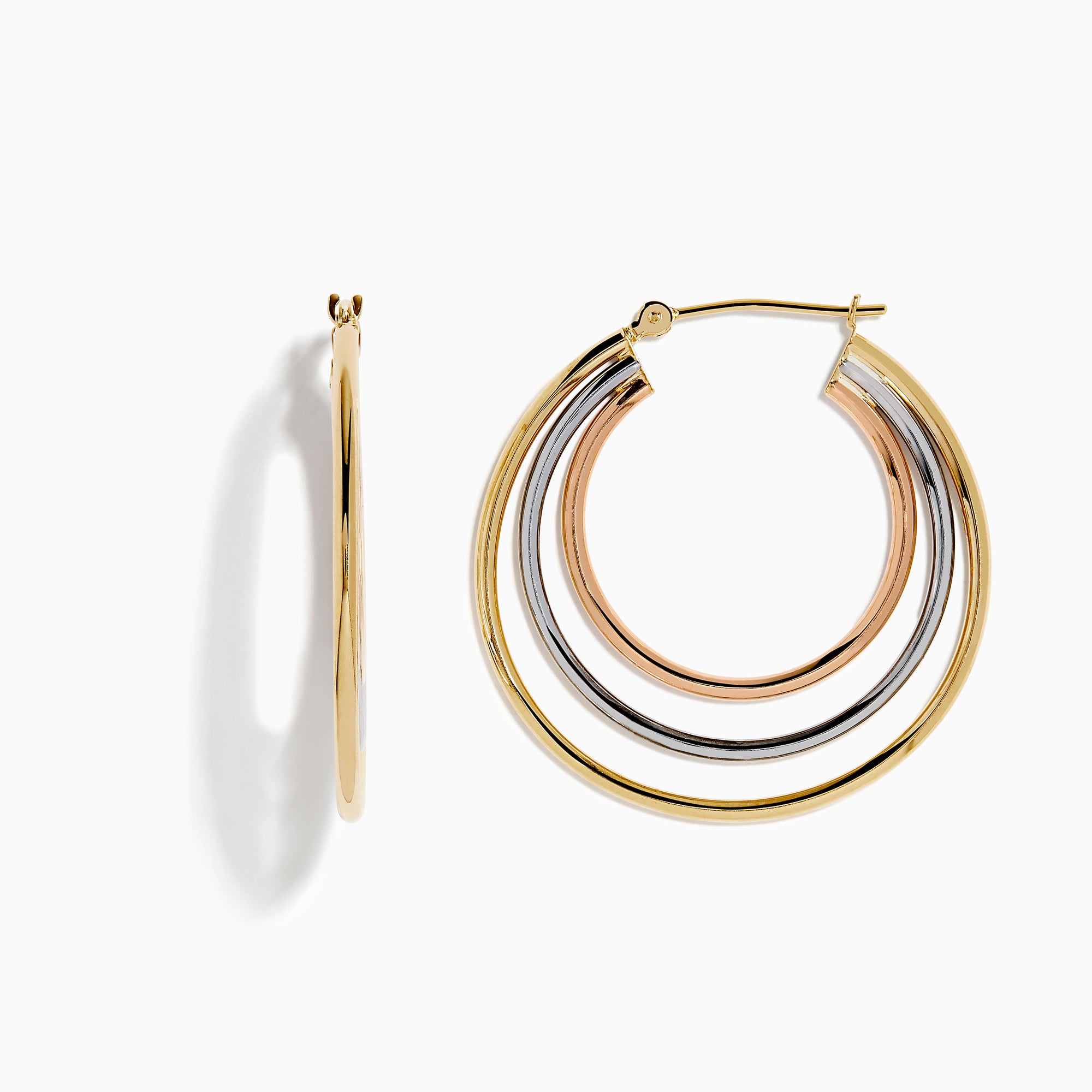 The 14K Three Tone Gold Triple Tube Hoop Earrings are displayed against a white background, with one earring shown front-facing and the other in a side view to highlight the intertwined gold, silver, and rose gold bands.