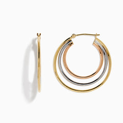 The 14K Three Tone Gold Triple Tube Hoop Earrings are displayed against a white background, with one earring shown front-facing and the other in a side view to highlight the intertwined gold, silver, and rose gold bands.