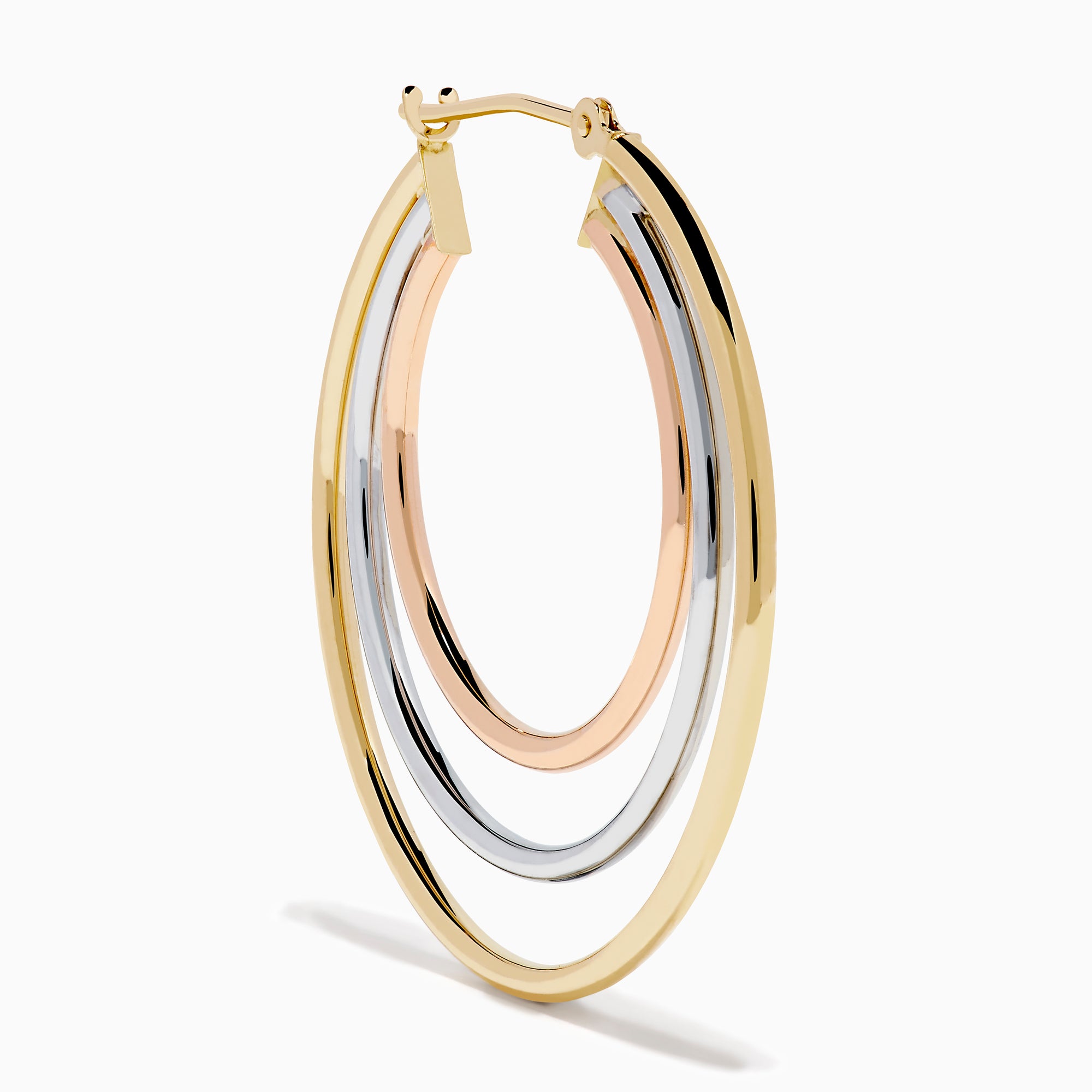 The 14K Three Tone Gold Triple Tube Hoop Earrings are displayed against a white background, with one earring shown front-facing and the other in a side view to highlight the intertwined gold, silver, and rose gold bands.