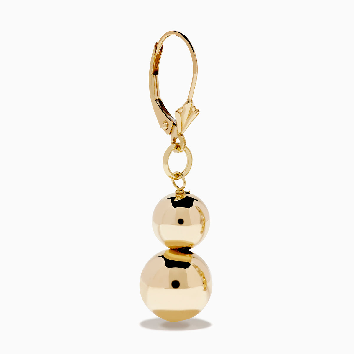 The 14K Yellow Gold Bead Dangle Earrings feature two stacked shiny gold spheres on each earring, suspended from gold hooks with a decorative top detail, shown against a plain white background.