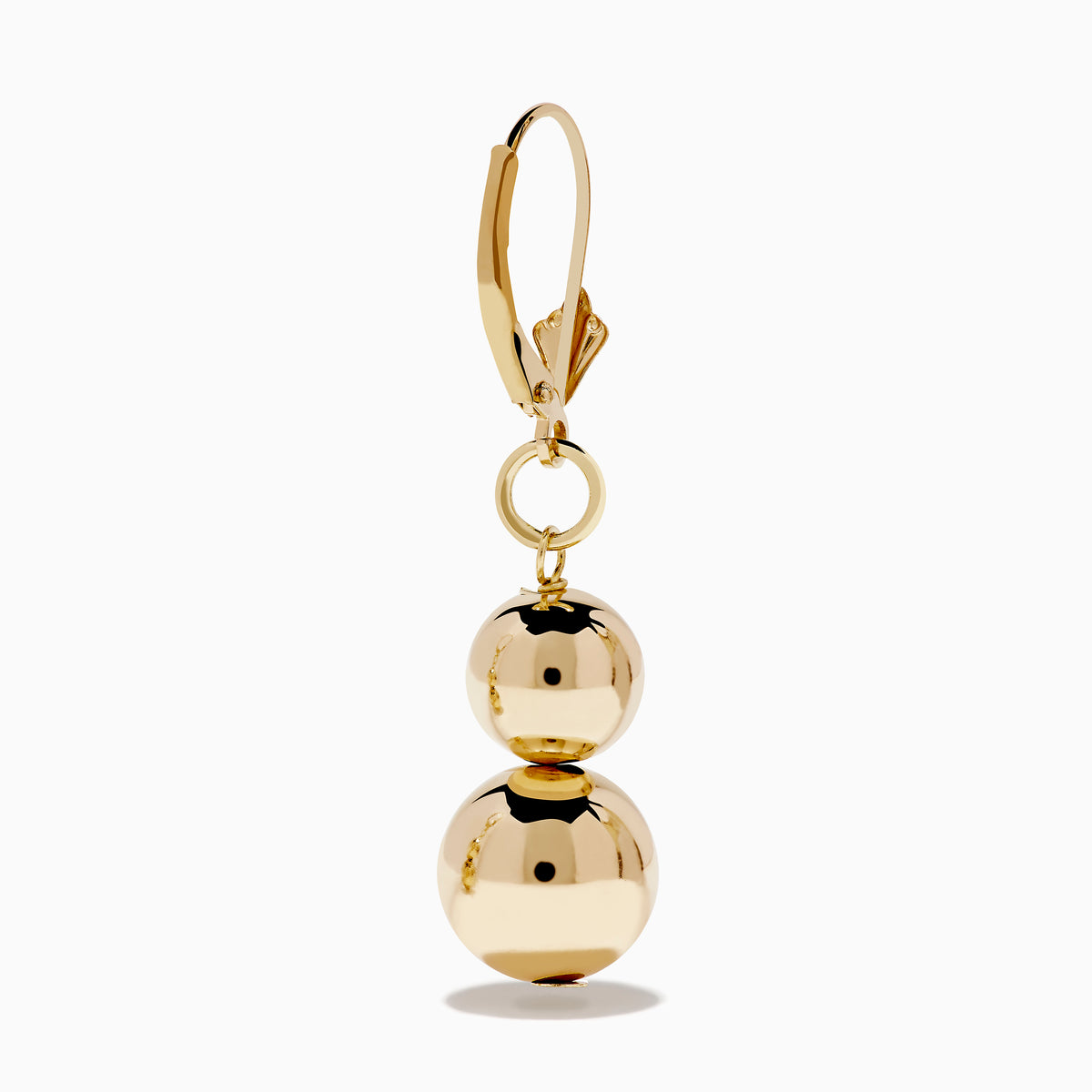 The 14K Yellow Gold Bead Dangle Earrings feature two stacked shiny gold spheres on each earring, suspended from gold hooks with a decorative top detail, shown against a plain white background.
