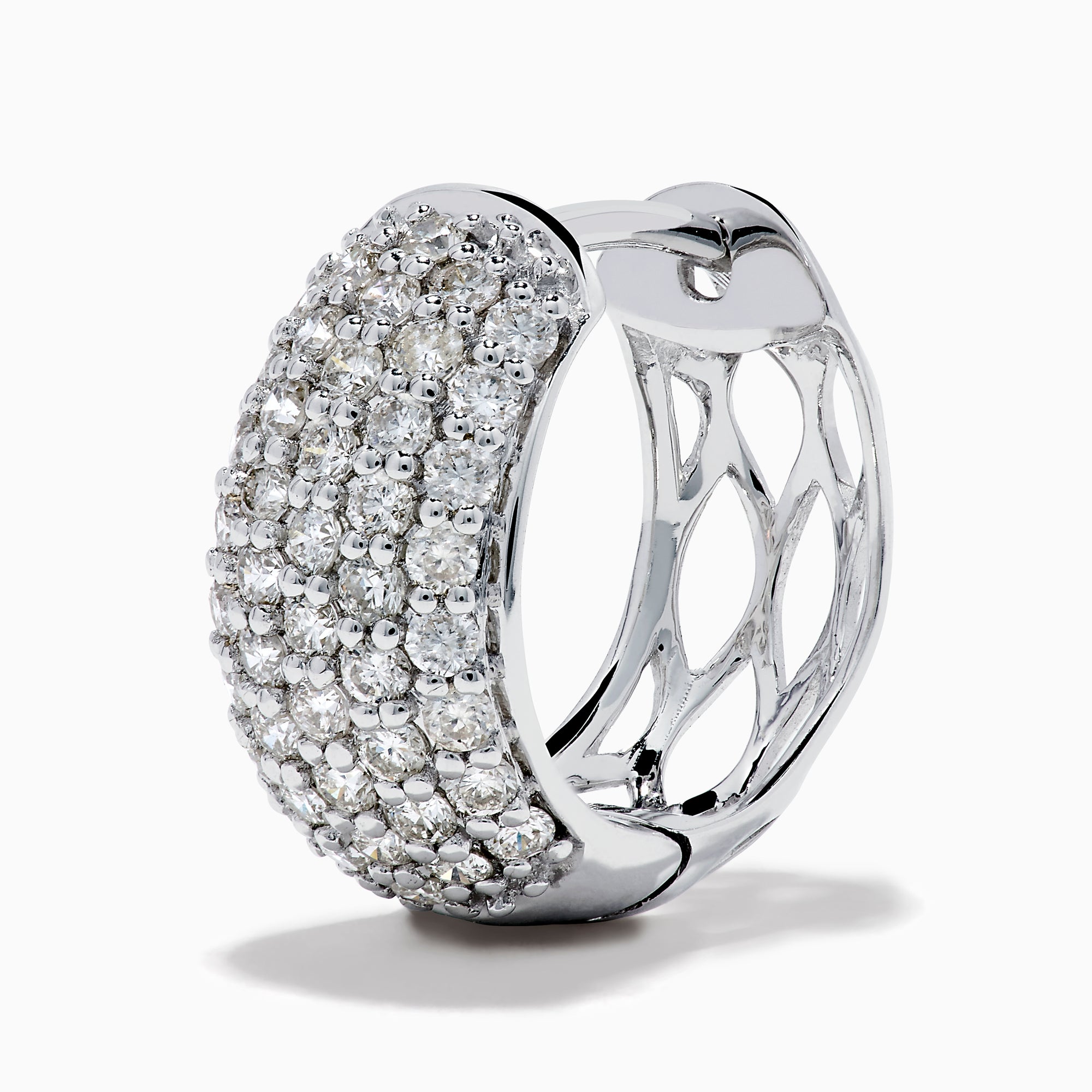 The 14K White Gold Multi Row Pave Diamond Chunky Hoop Earrings feature multiple rows of sparkling diamonds set in bold white gold hoops, shown against a white background.