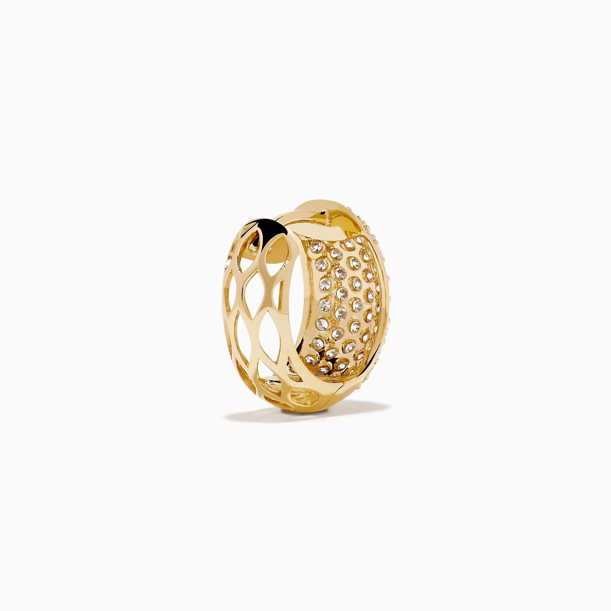 The 14K Yellow Gold Multi Row Pave Diamond Chunky Hoop Earrings feature sparkling diamonds set in multiple rows on chunky hoops, shown against a white background.