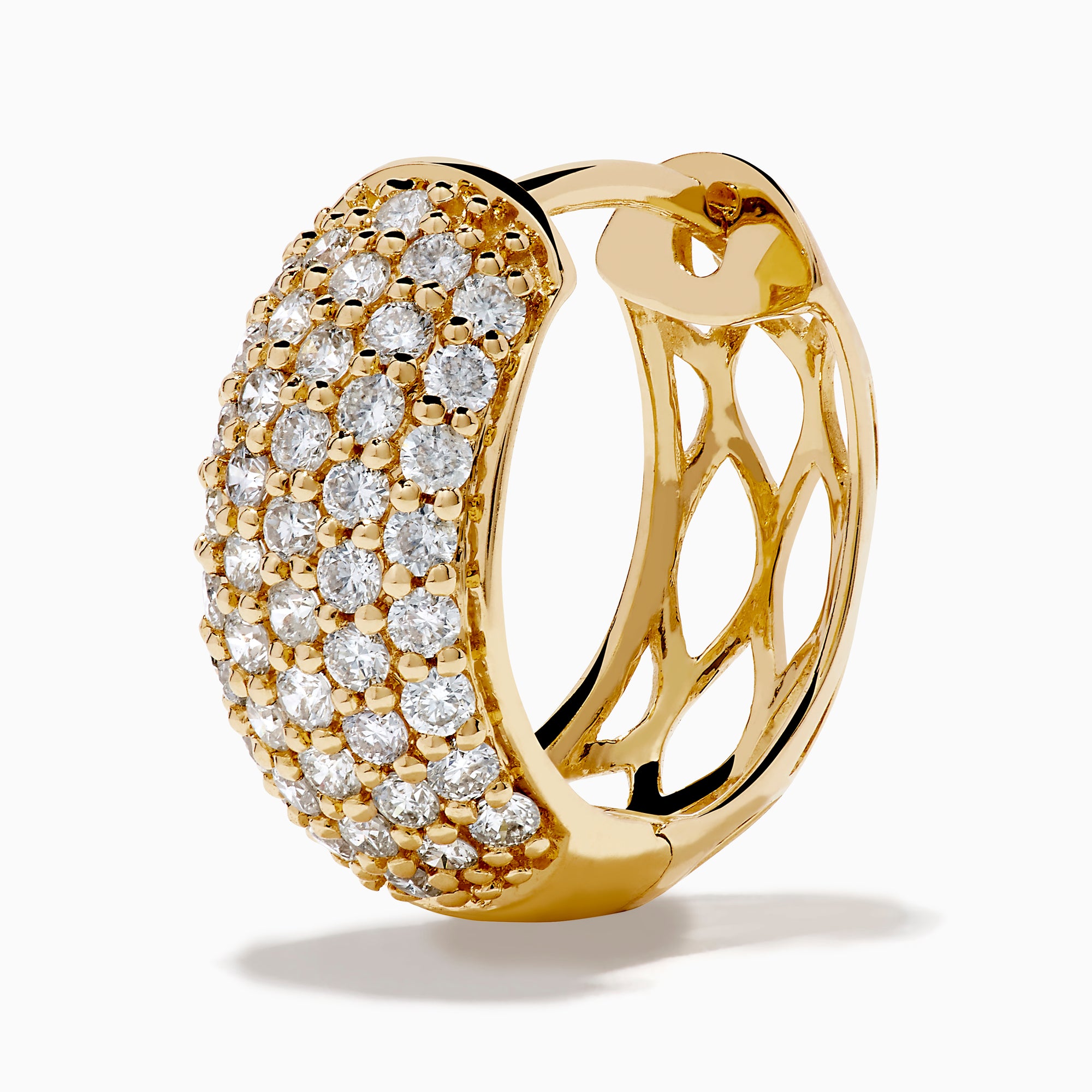 The 14K Yellow Gold Multi Row Pave Diamond Chunky Hoop Earrings feature sparkling diamonds set in multiple rows on chunky hoops, shown against a white background.