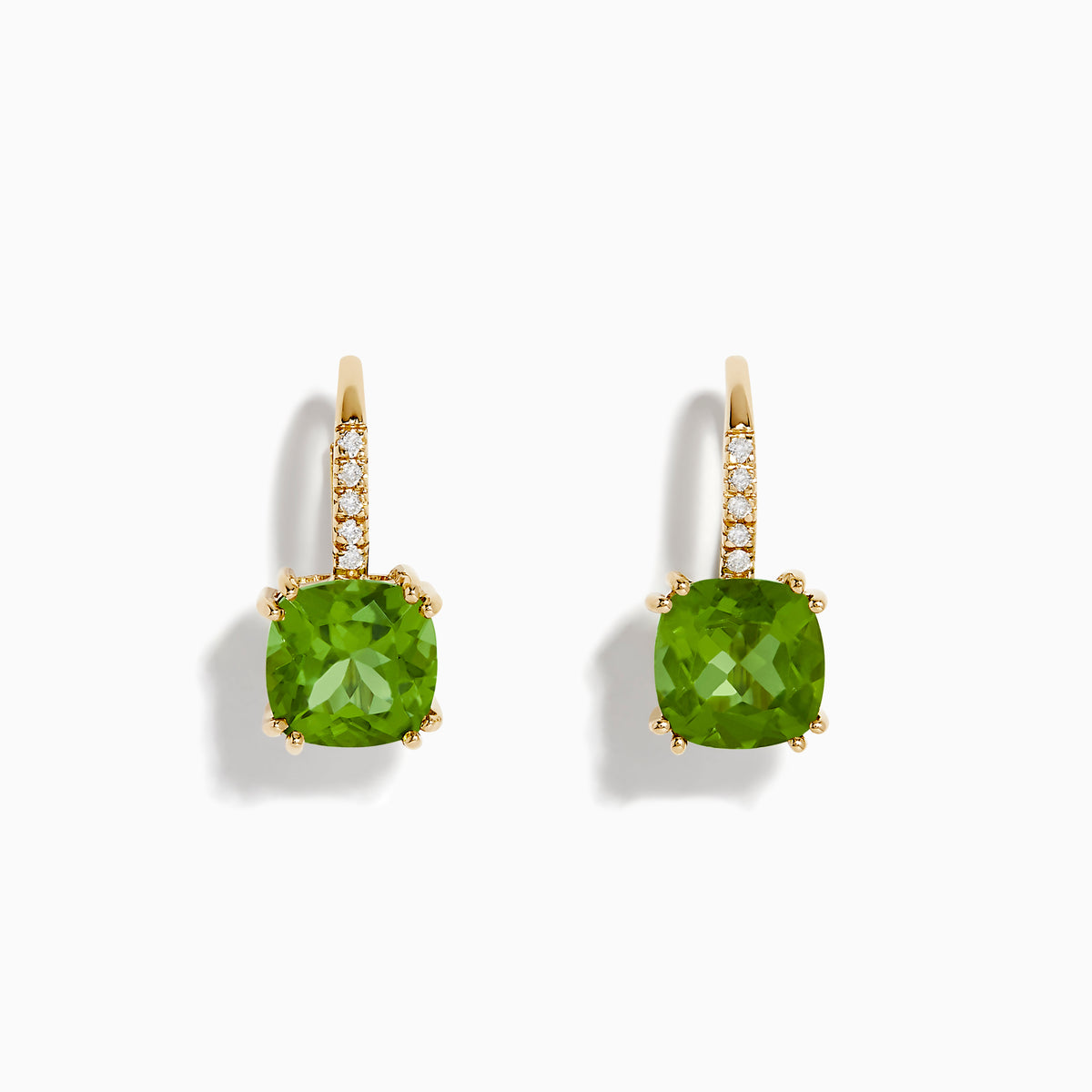 14K Yellow Gold Peridot and Diamond Drop Earrings featuring cushion-cut peridots and round diamonds along the hooks, shown on a white background.