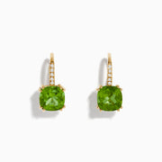 14K Yellow Gold Peridot and Diamond Drop Earrings featuring cushion-cut peridots and round diamonds along the hooks, shown on a white background.