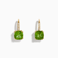 14K Yellow Gold Peridot and Diamond Drop Earrings featuring cushion-cut peridots and round diamonds along the hooks, shown on a white background.