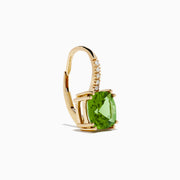 14K Yellow Gold Peridot and Diamond Drop Earrings featuring cushion-cut peridots and round diamonds along the hooks, shown on a white background.