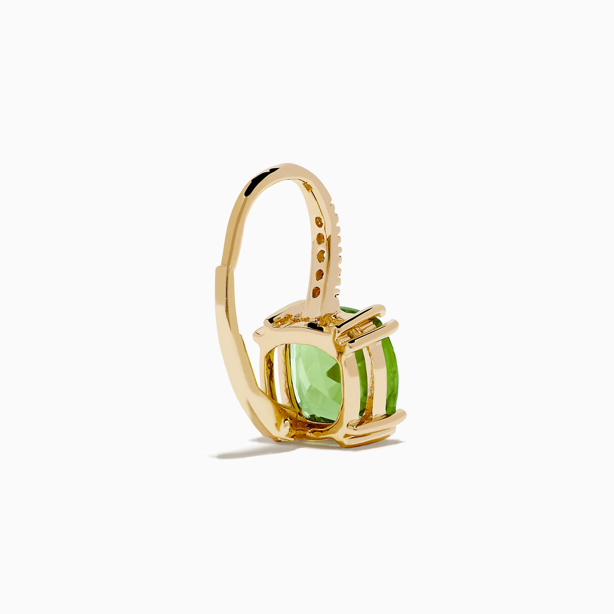 14K Yellow Gold Peridot and Diamond Drop Earrings featuring cushion-cut peridots and round diamonds along the hooks, shown on a white background.