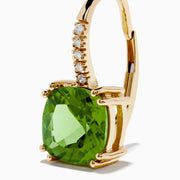 14K Yellow Gold Peridot and Diamond Drop Earrings featuring cushion-cut peridots and round diamonds along the hooks, shown on a white background.