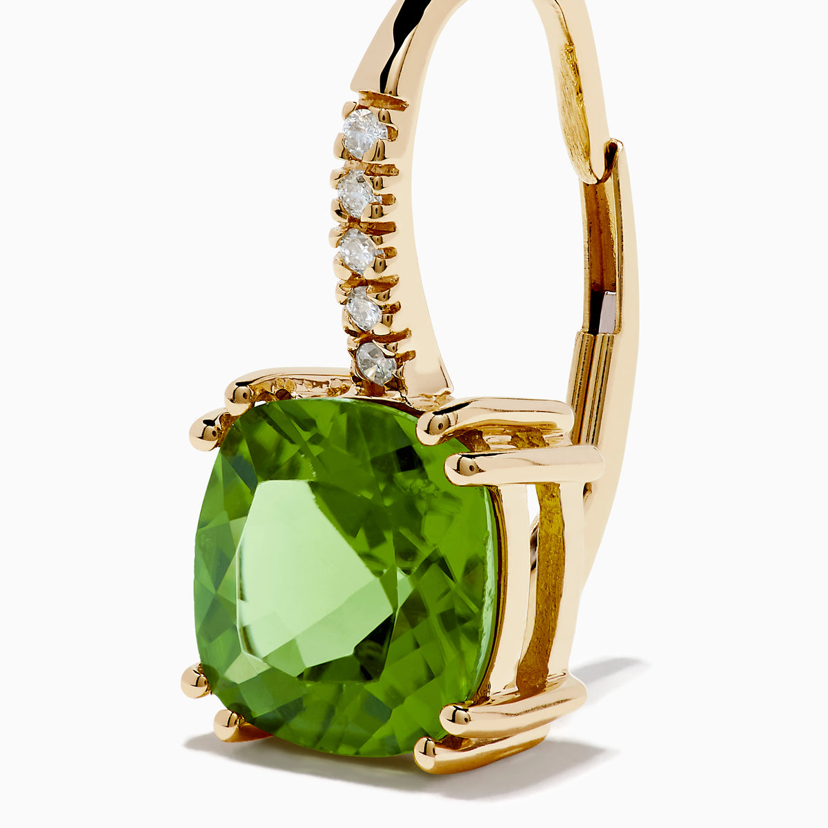 14K Yellow Gold Peridot and Diamond Drop Earrings featuring cushion-cut peridots and round diamonds along the hooks, shown on a white background.