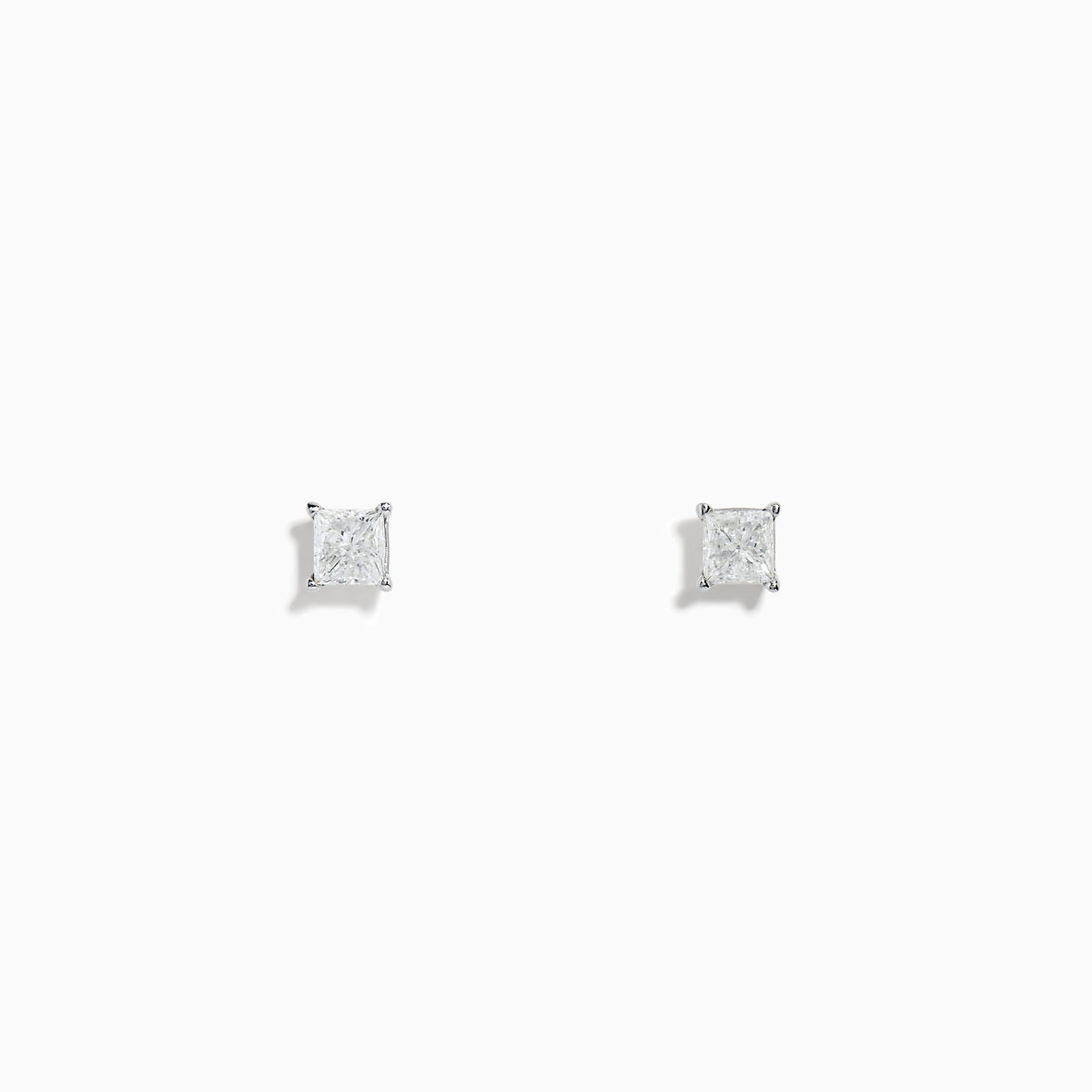 A pair of 14K White Gold Princess Cut Diamond Solitaire Stud Earrings, 0.49 TCW, are displayed on a plain white background.