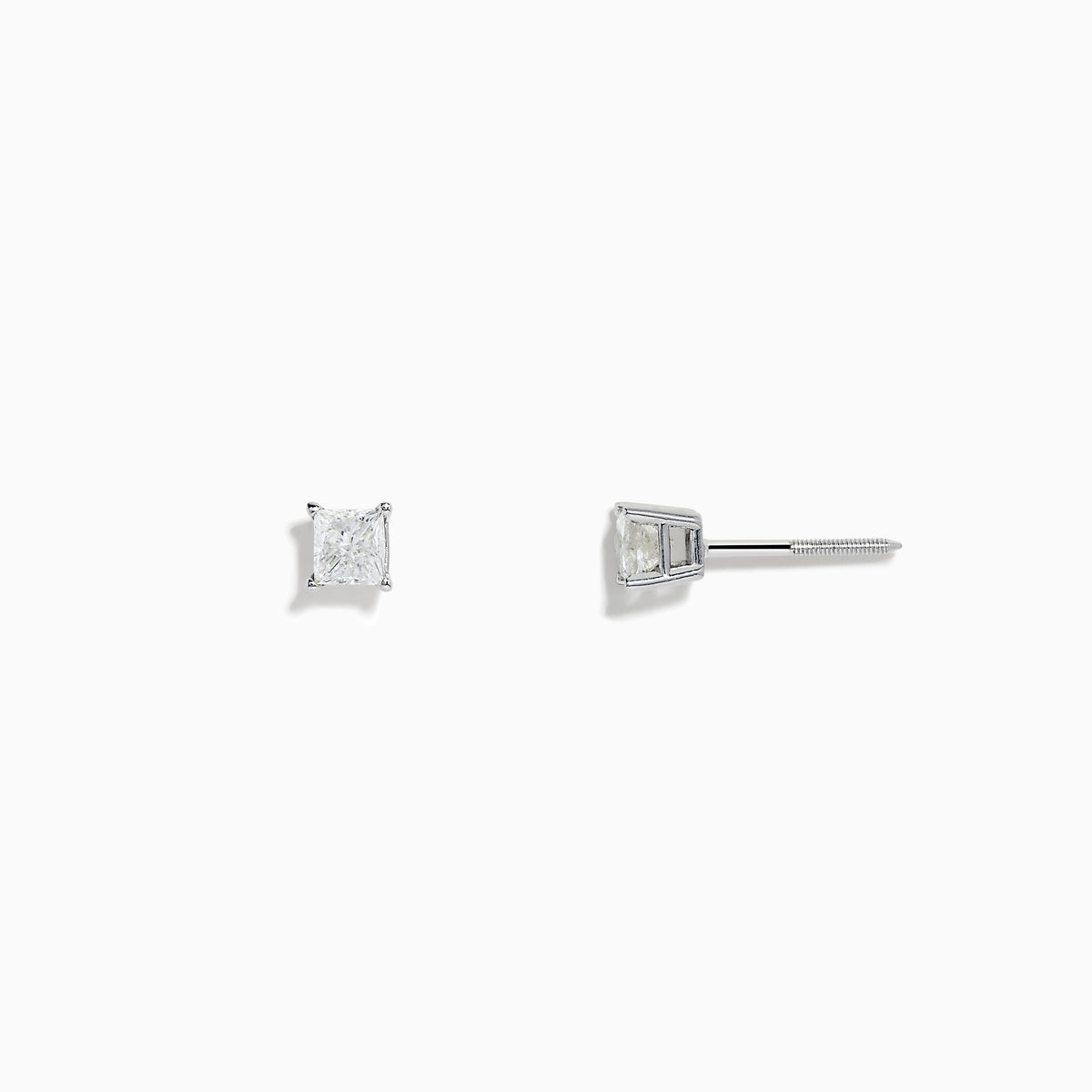 A pair of 14K White Gold Princess Cut Diamond Solitaire Stud Earrings, 0.49 TCW, are displayed on a plain white background.