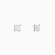 Pair of 14K white gold solitaire stud earrings, each with a princess cut diamond (0.98 TCW), displayed on a plain white background.