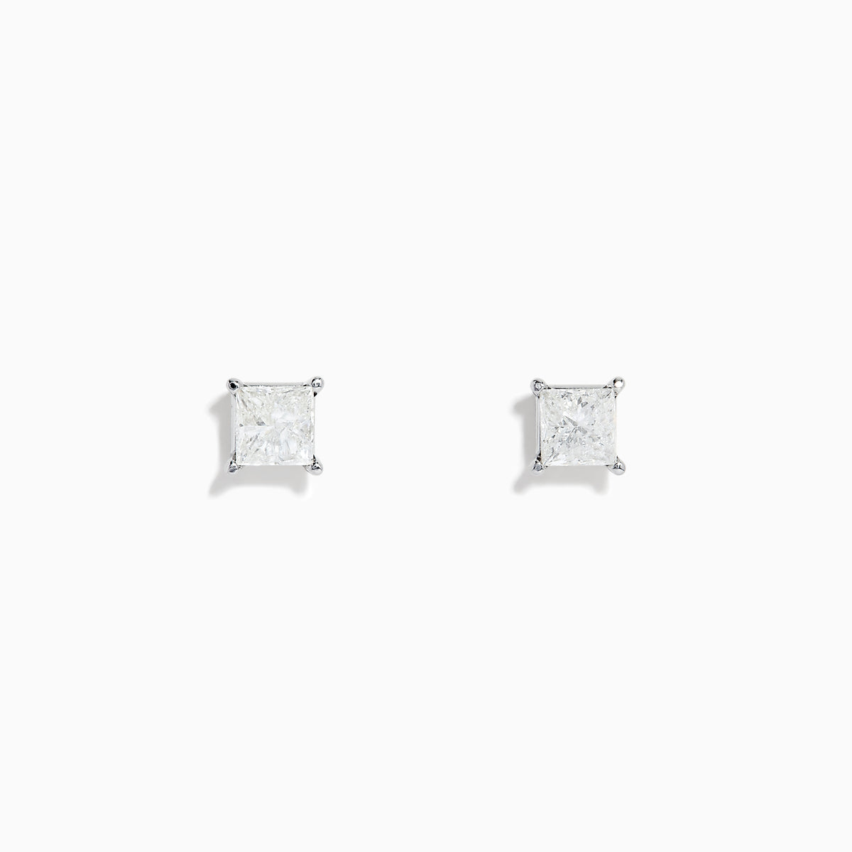 Pair of 14K white gold solitaire stud earrings, each with a princess cut diamond (0.98 TCW), displayed on a plain white background.