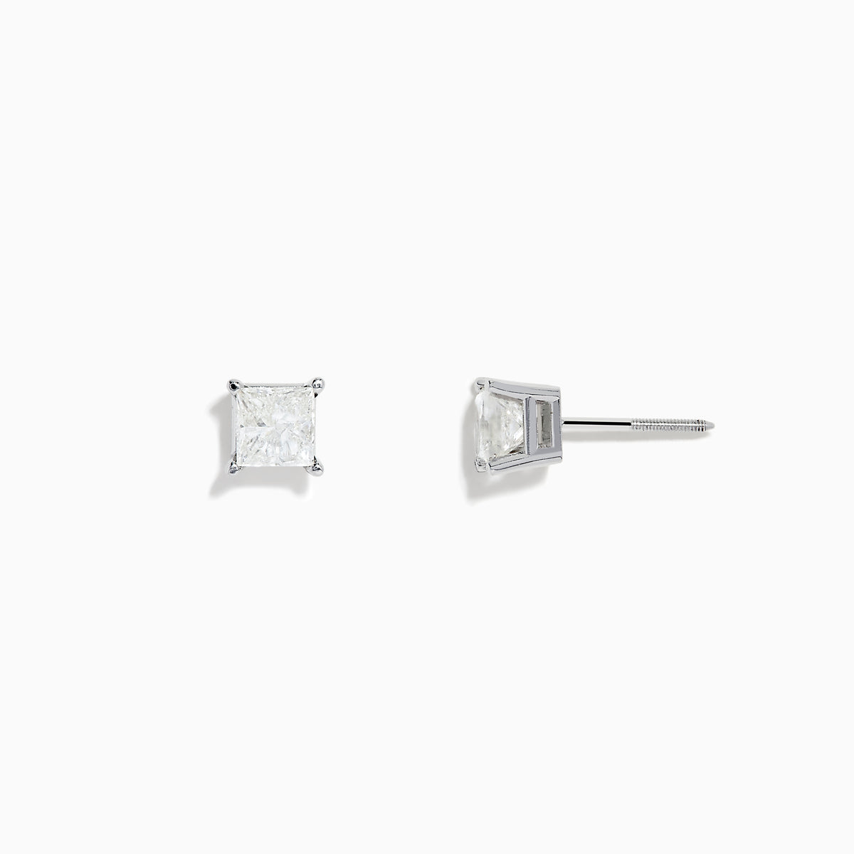 Pair of 14K white gold solitaire stud earrings, each with a princess cut diamond (0.98 TCW), displayed on a plain white background.