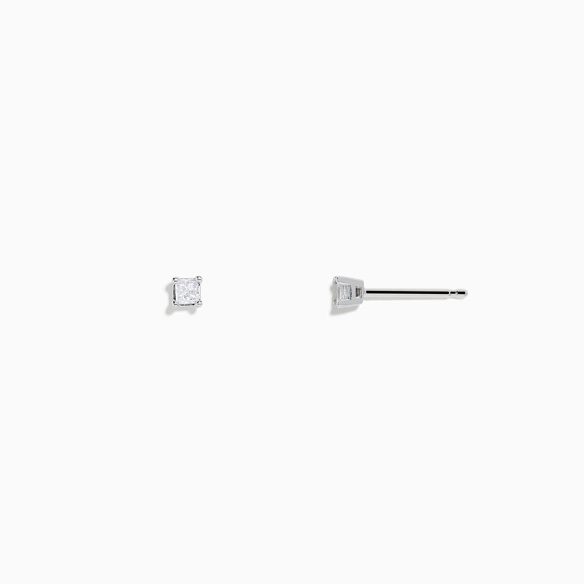 A pair of 14K White Gold Princess Cut Diamond Solitaire Stud Earrings, 0.14 TCW, set with simple metal prongs and shown on a plain white background.