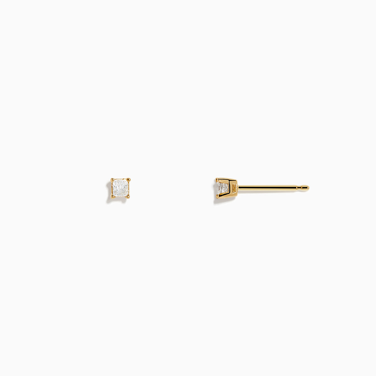 14K yellow gold princess cut diamond solitaire stud earrings (0.14 TCW) displayed on a plain white background.