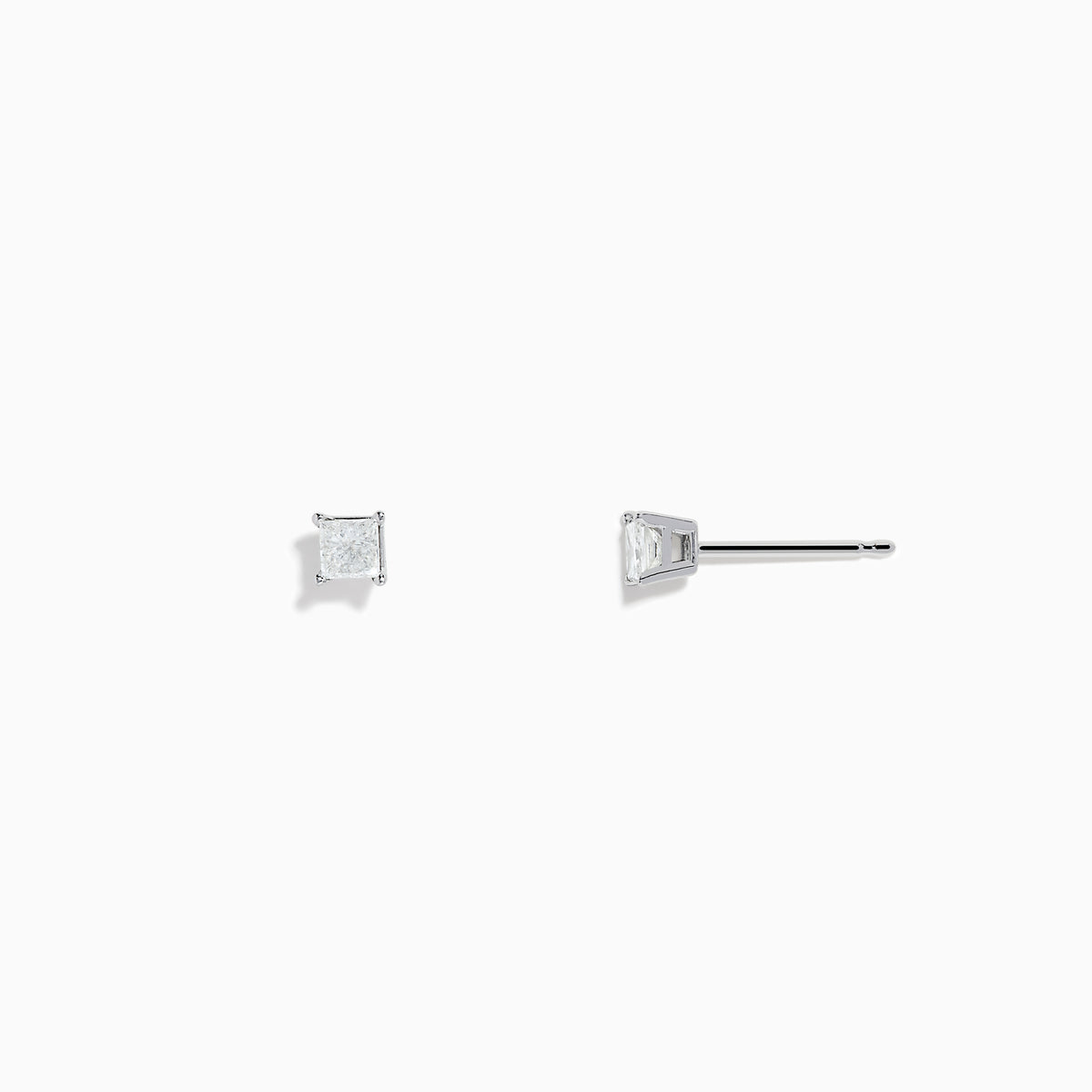 A pair of 14K White Gold Diamond Solitaire Stud Earrings, 0.25 TCW, with square-shaped stones and silver prongs, displayed on a plain white background.