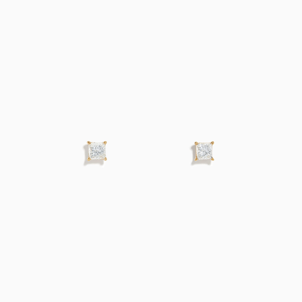 A pair of 14K Yellow Gold Diamond Solitaire Stud Earrings, 0.25 TCW, features square-cut stones in gold prongs and is shown against a plain white background.
