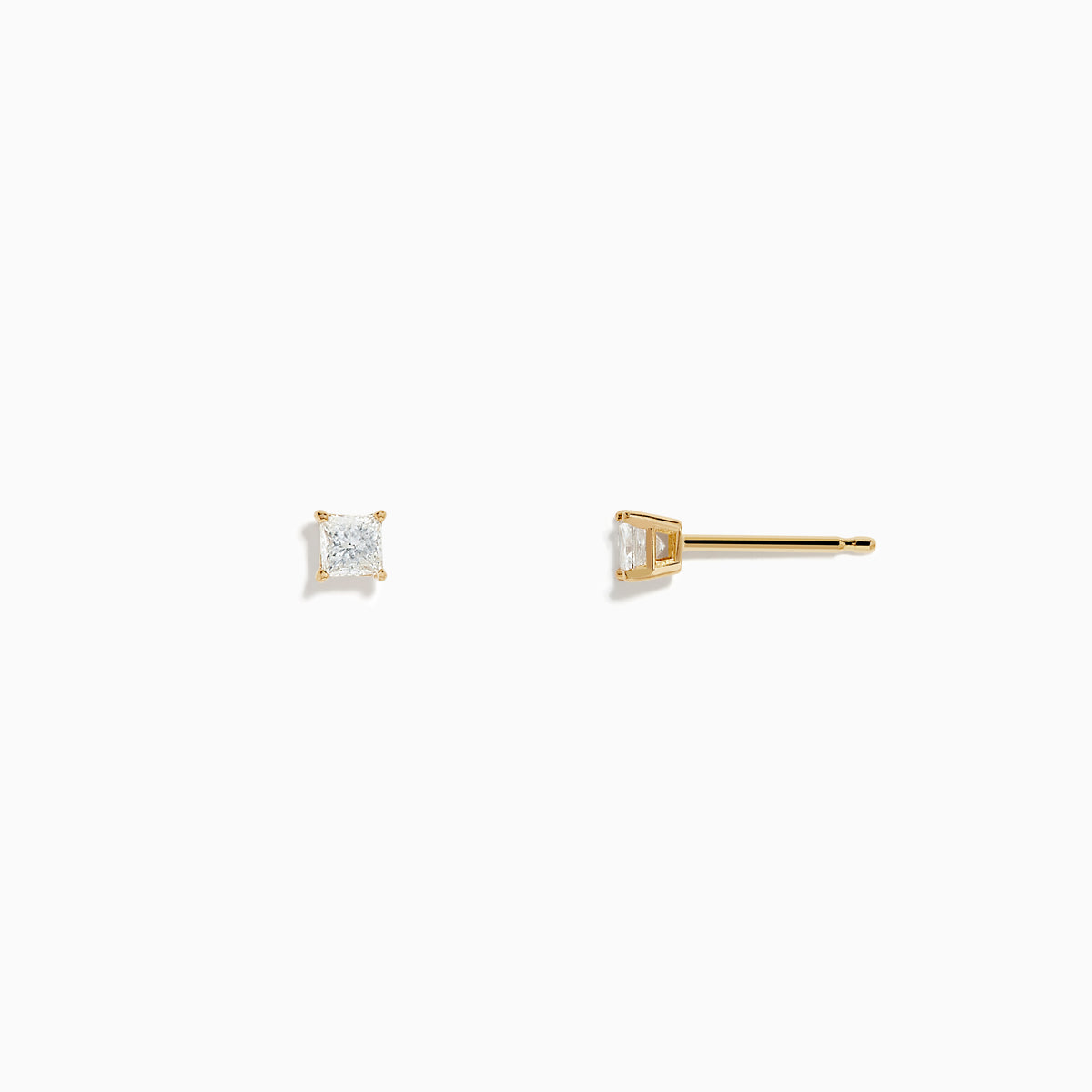 A pair of 14K Yellow Gold Diamond Solitaire Stud Earrings, 0.25 TCW, features square-cut stones in gold prongs and is shown against a plain white background.
