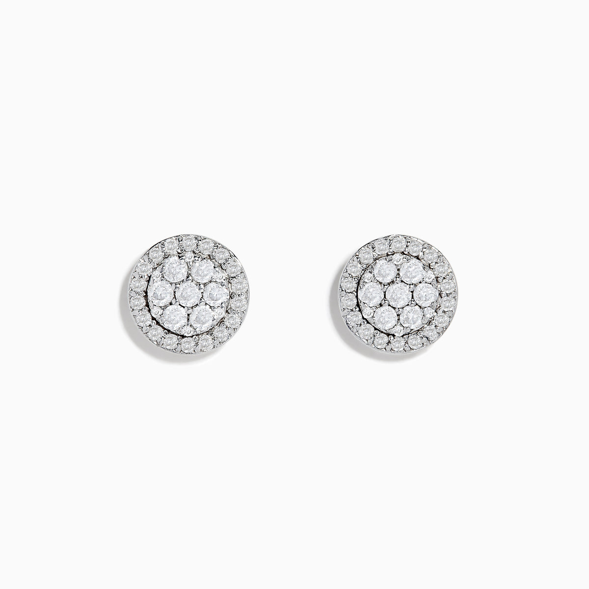 The Bouquet 14K White Diamond Cluster Stud Earrings (0.95TCW) showcase sparkling diamonds set in concentric circles on a white gold base, elegantly displayed against a plain white background.