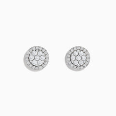 The Bouquet 14K White Diamond Cluster Stud Earrings (0.95TCW) showcase sparkling diamonds set in concentric circles on a white gold base, elegantly displayed against a plain white background.