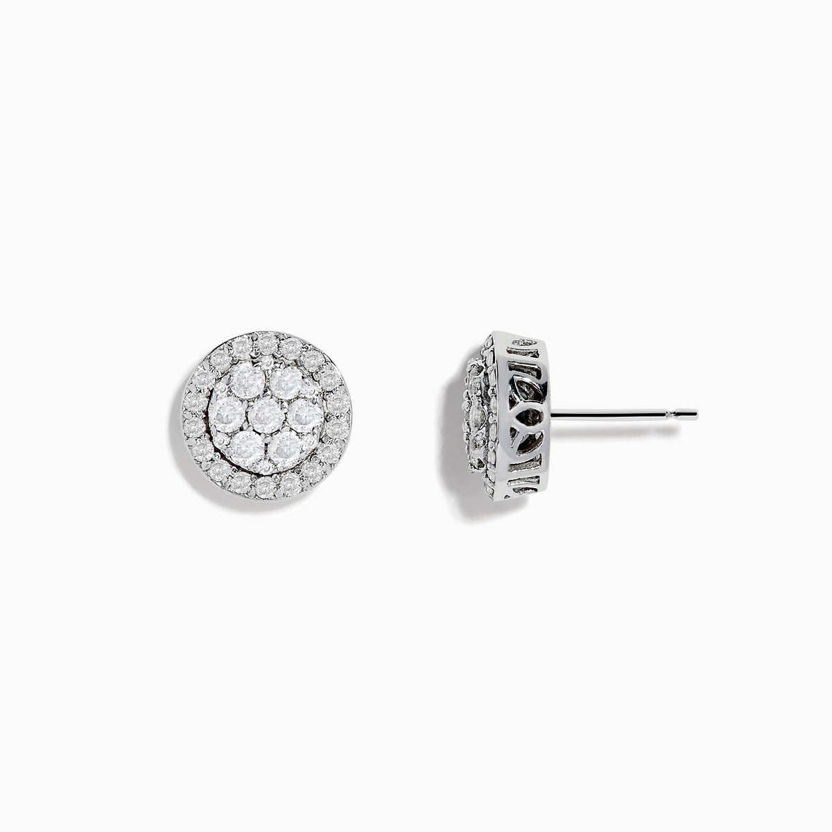 The Bouquet 14K White Diamond Cluster Stud Earrings (0.95TCW) showcase sparkling diamonds set in concentric circles on a white gold base, elegantly displayed against a plain white background.