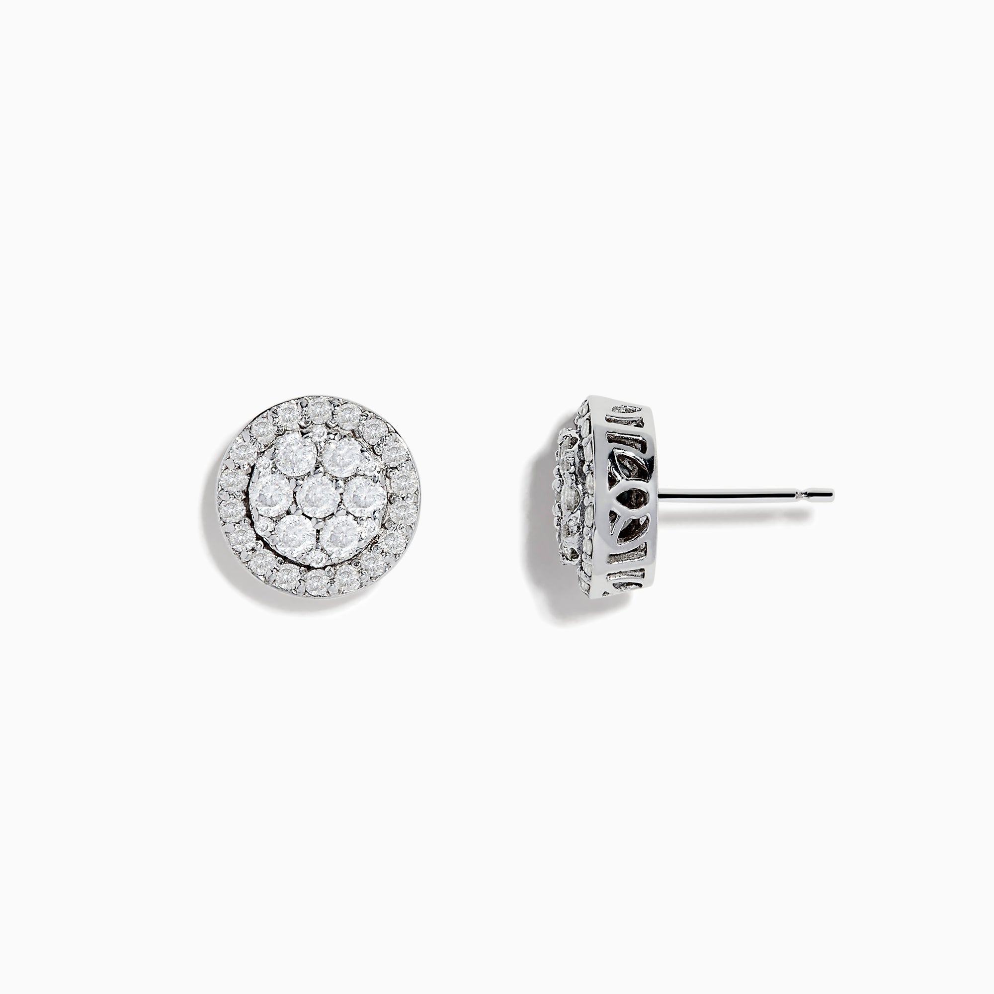 The Bouquet 14K White Diamond Cluster Stud Earrings (0.95TCW) showcase sparkling diamonds set in concentric circles on a white gold base, elegantly displayed against a plain white background.