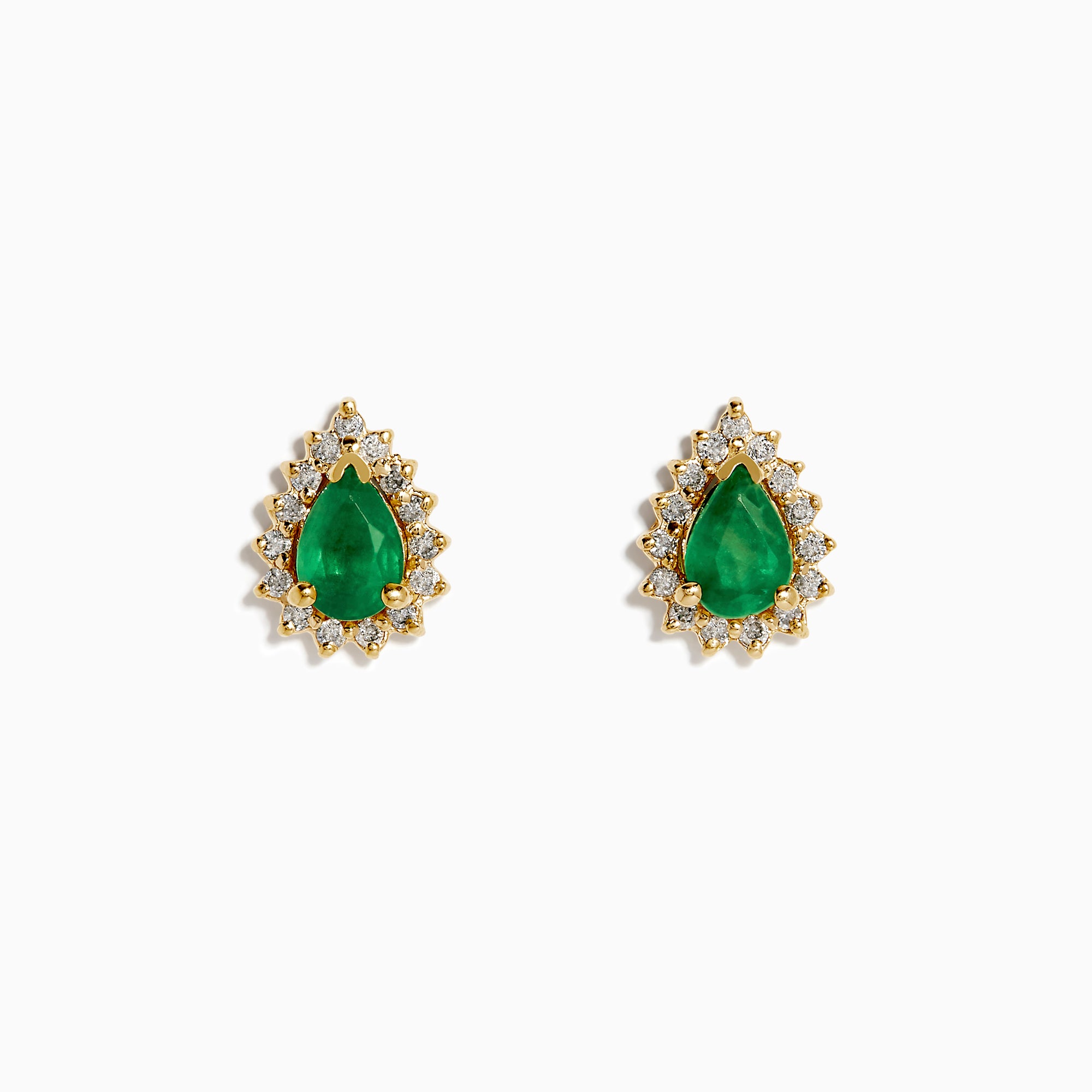 The 14K Yellow Gold Pear Emerald and Diamond Halo Stud Earrings showcase teardrop green emeralds encircled by sparkling diamonds in a floral design.