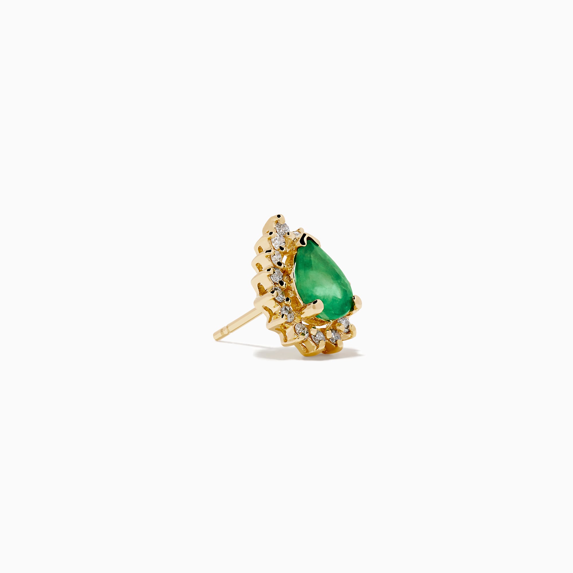 The 14K Yellow Gold Pear Emerald and Diamond Halo Stud Earrings showcase teardrop green emeralds encircled by sparkling diamonds in a floral design.