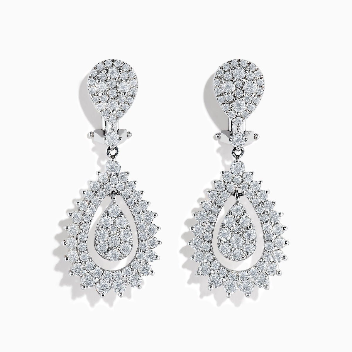 Make a statement on any occasion with the Pave Classica 14K White Gold French Clip Diamond Statement Drop Earrings, featuring a teardrop shape, layered design, and brilliant diamond clusters totaling 3.28 TCW.
