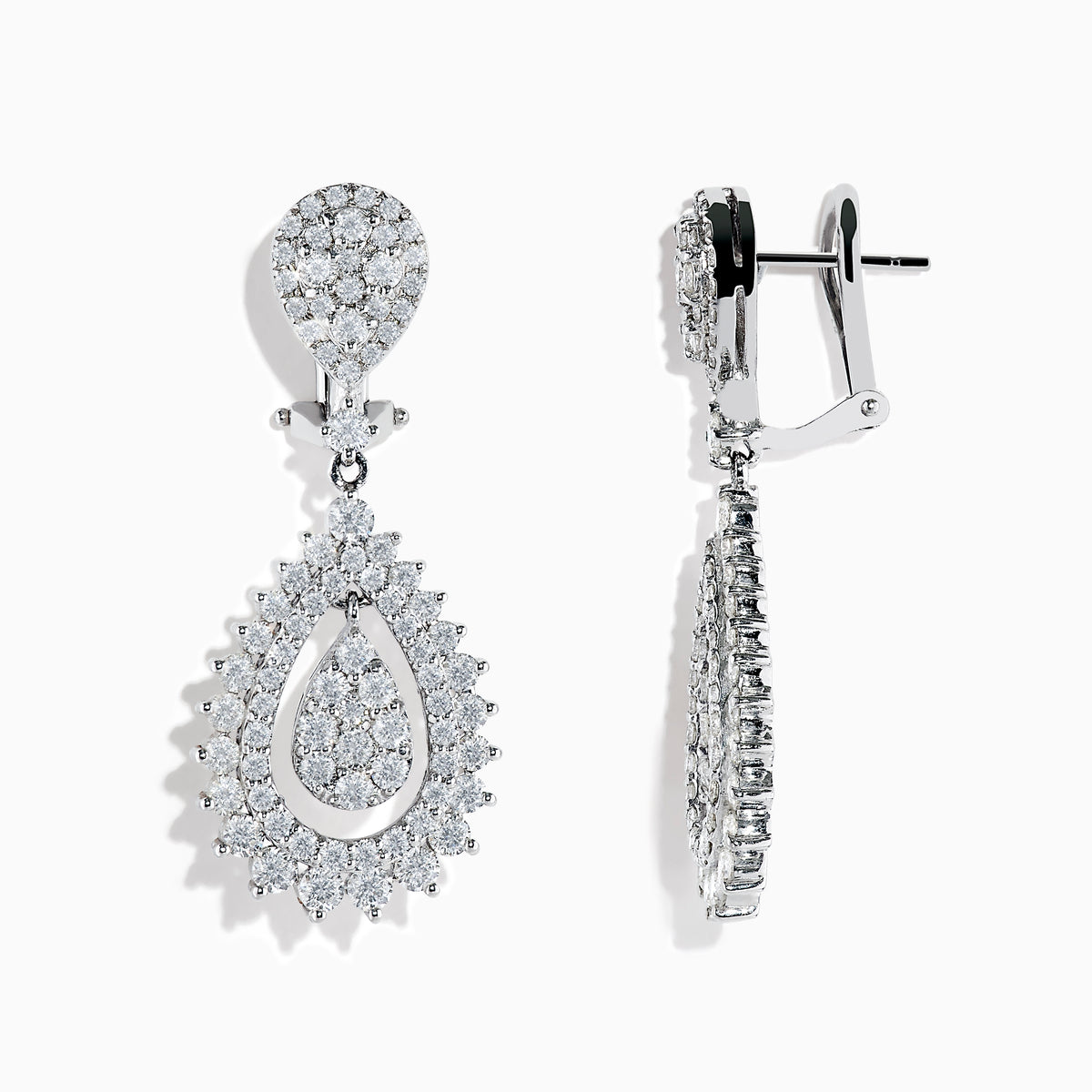 Make a statement on any occasion with the Pave Classica 14K White Gold French Clip Diamond Statement Drop Earrings, featuring a teardrop shape, layered design, and brilliant diamond clusters totaling 3.28 TCW.