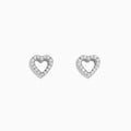 The 18K White Gold Diamond Heart Stud Earrings feature open-centered hearts outlined with sparkling diamonds, shown against a white background.