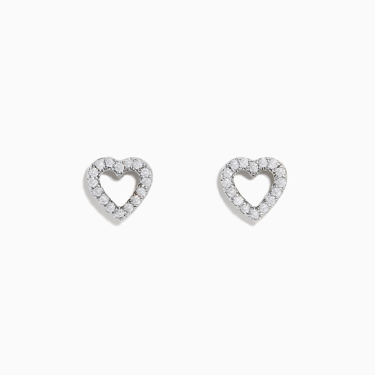 The 18K White Gold Diamond Heart Stud Earrings feature open-centered hearts outlined with sparkling diamonds, shown against a white background.