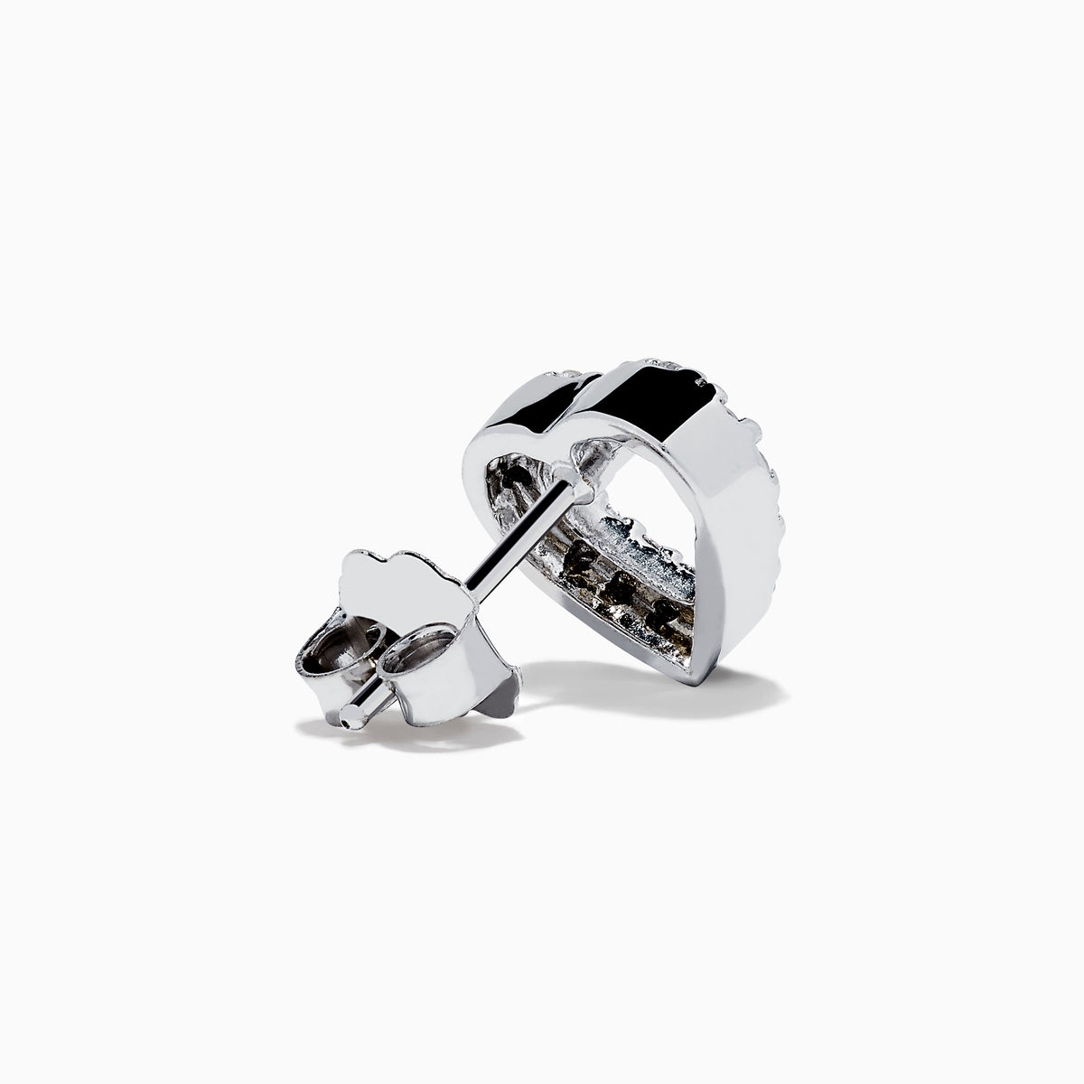 The 18K White Gold Diamond Heart Stud Earrings feature open-centered hearts outlined with sparkling diamonds, shown against a white background.