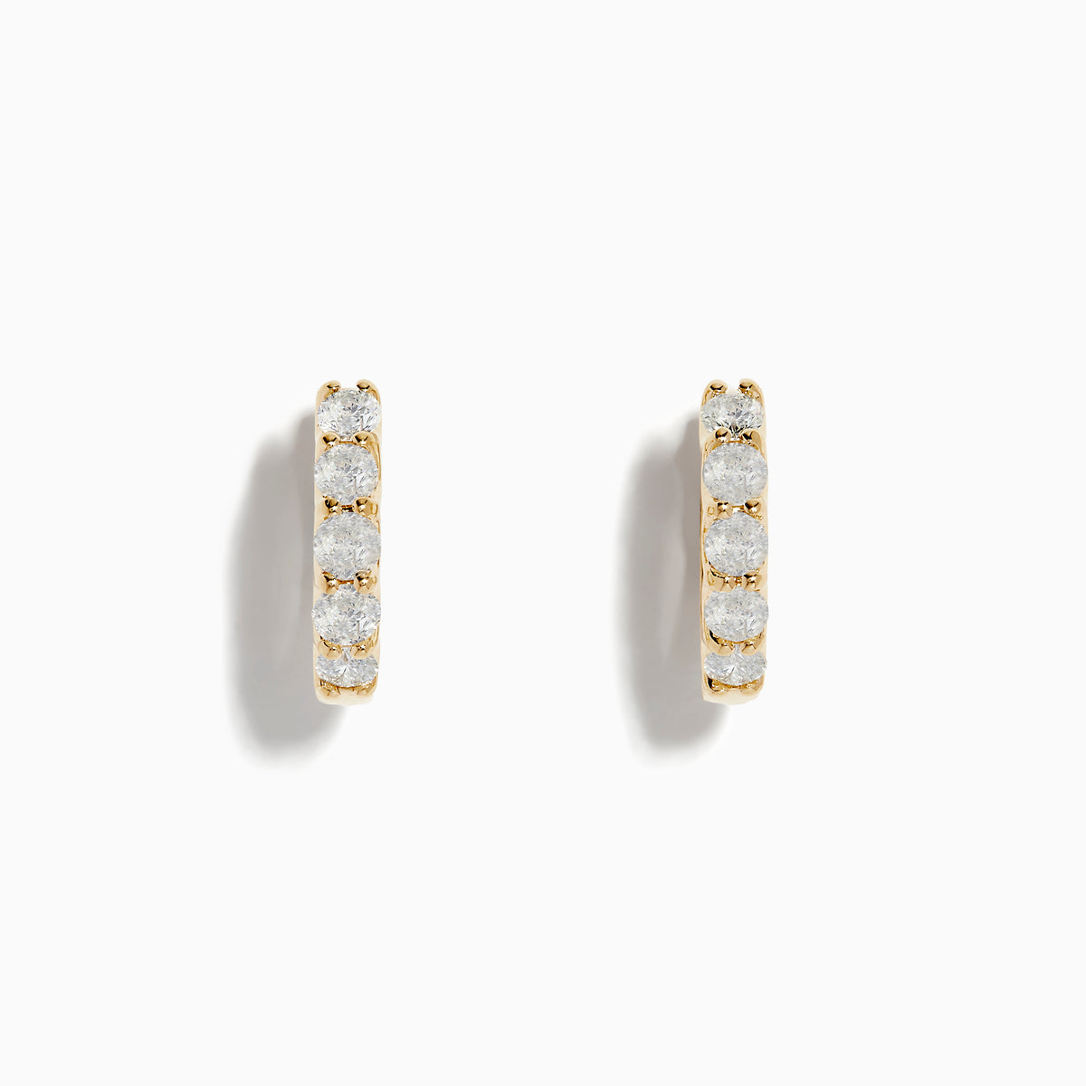 DOro 14 Karat Yellow Gold 5/8 Diamond Hoop Earrings with a total carat weight of 0.98, each set with five sparkling diamonds, displayed against a white background.