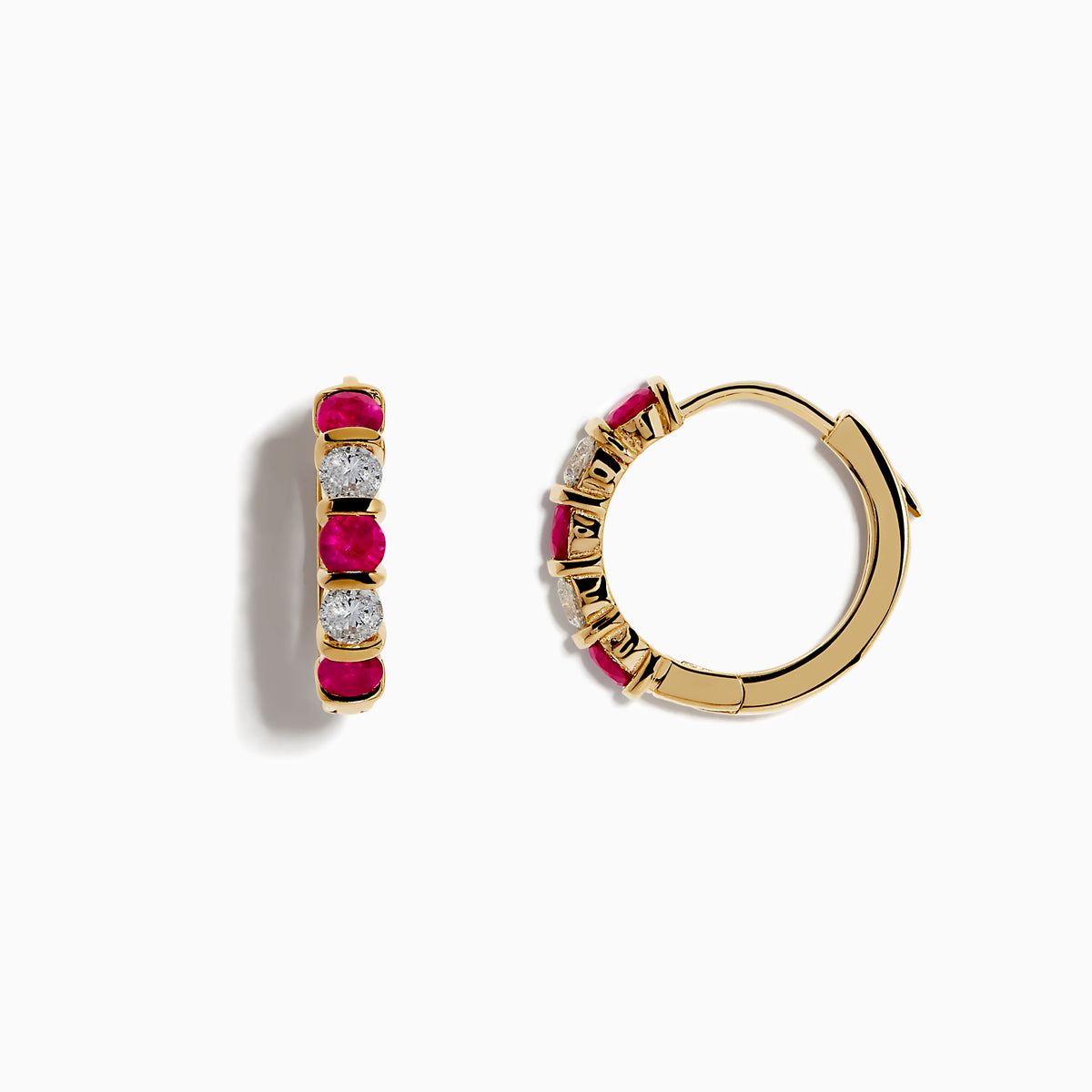 The Ruby Royale 14K Yellow Gold Ruby and Diamond 5/8 Hoop Earrings feature alternating round rubies and diamonds, displayed vertically against a white background.