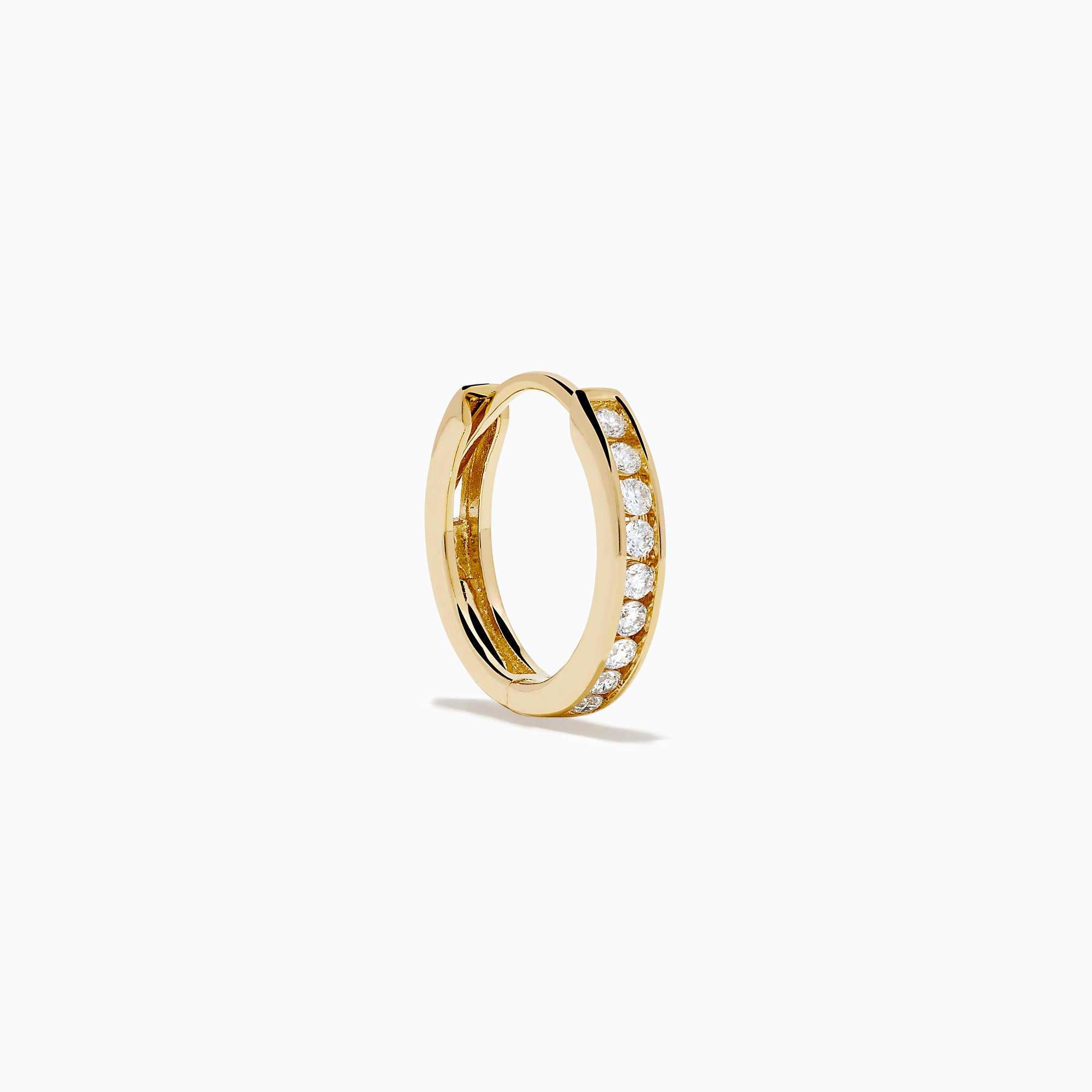 The 14K Yellow Gold Channel Set Diamond Mini Hoop Earrings feature a row of sparkling round diamonds, elegantly displayed on a white background.