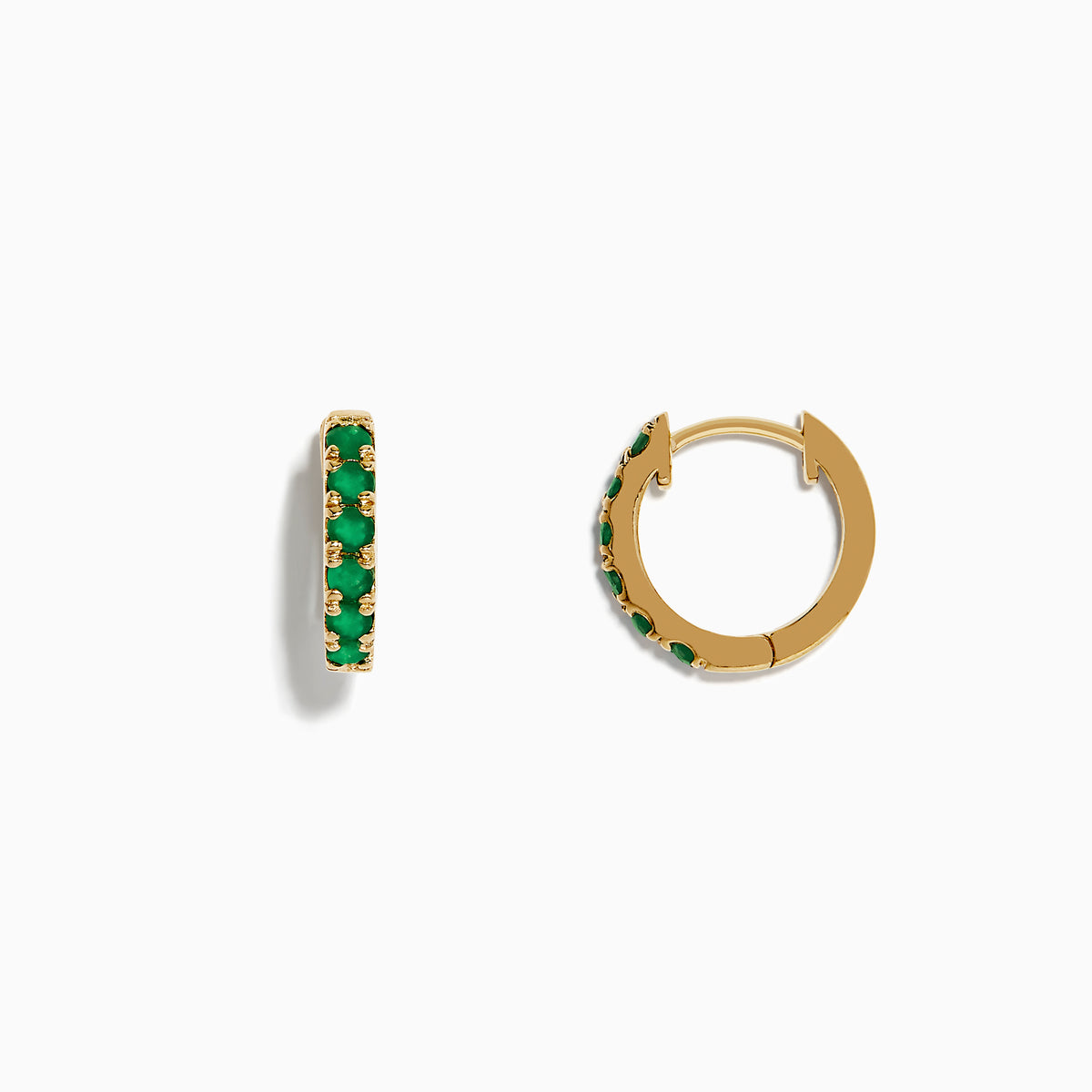 A pair of Brasilica 14K Yellow Gold Emerald Huggie Earrings is displayed against a plain white background.