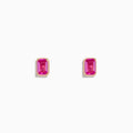 The 14K Rose Gold Pink Sapphire Earrings feature small rectangular pink sapphires set in rose gold, shown on a plain white background.