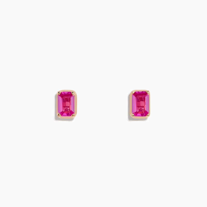 The 14K Rose Gold Pink Sapphire Earrings feature small rectangular pink sapphires set in rose gold, shown on a plain white background.