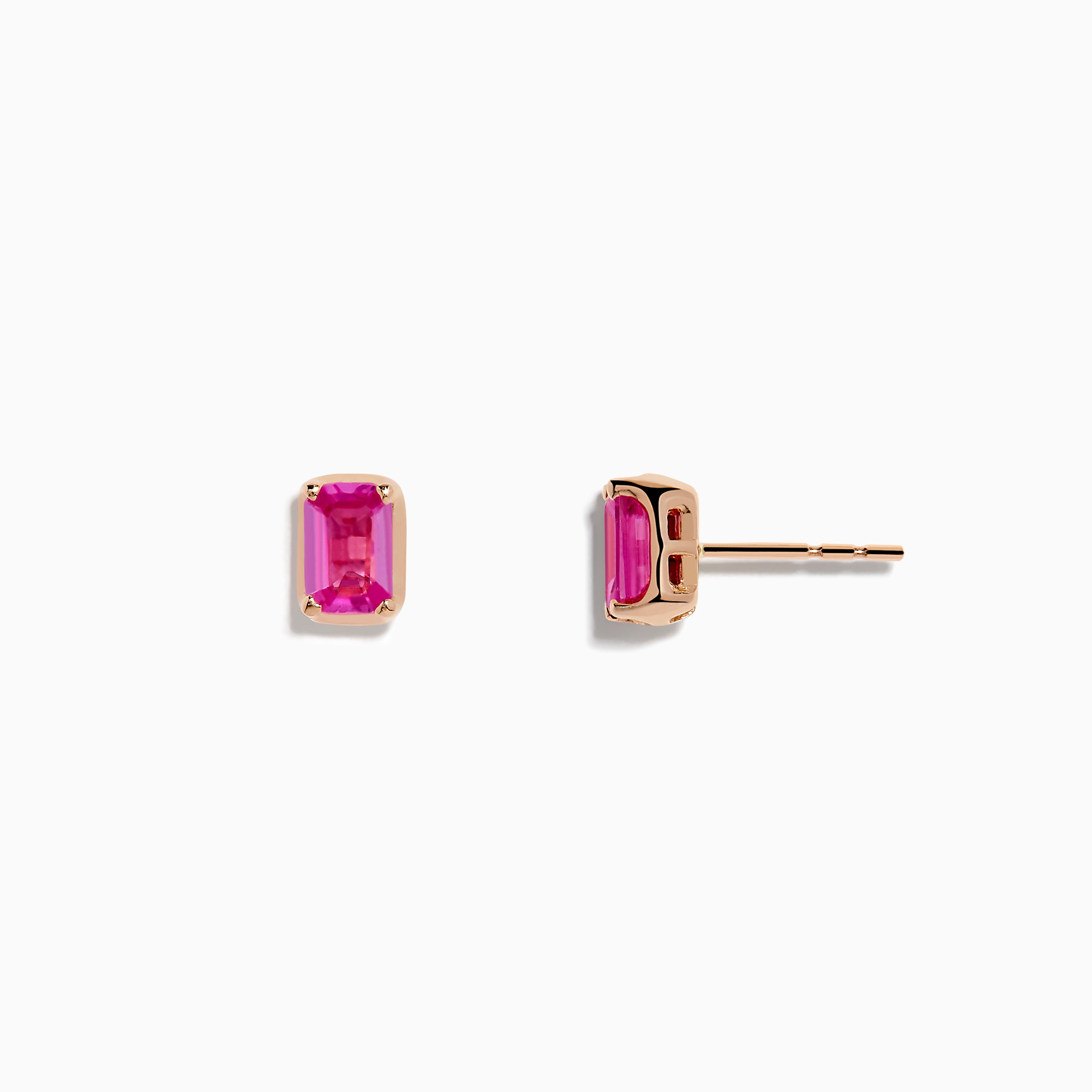 The 14K Rose Gold Pink Sapphire Earrings feature small rectangular pink sapphires set in rose gold, shown on a plain white background.