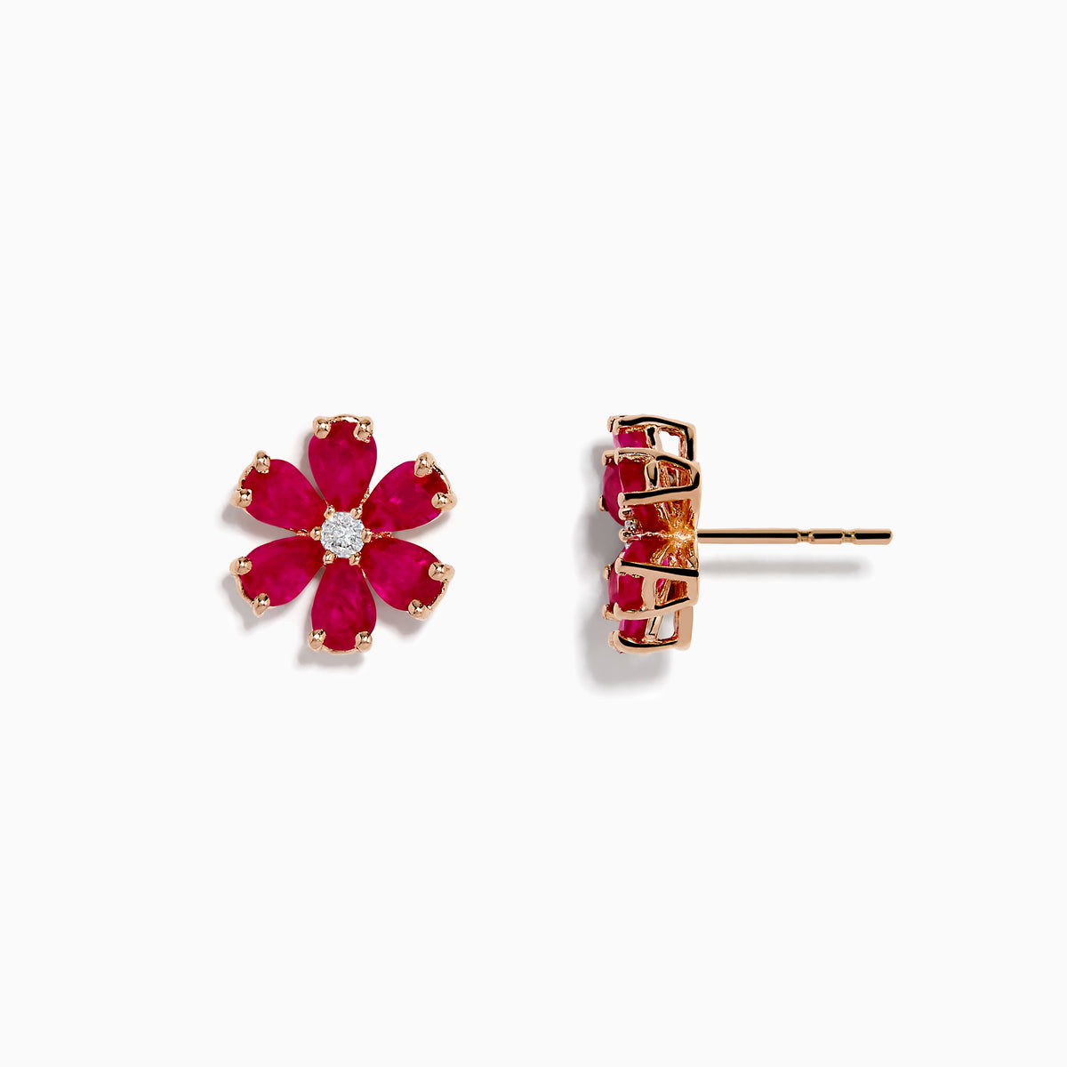 The 14K Rose Gold Ruby Flower Earrings feature deep pink, ruby-like petals and a clear center gemstone, crafted in 14K rose gold and displayed on a white background.
