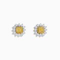 The Canare 18K Two Tone Gold White and Yellow Diamond Flower Earrings feature a central yellow gemstone encircled by white, teardrop-shaped stones, beautifully set against a white background.