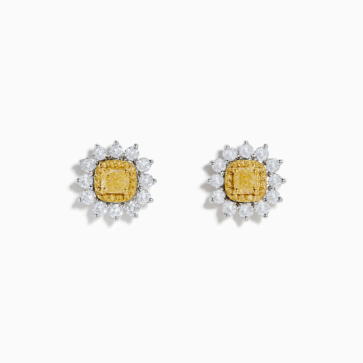 The Canare 18K Two Tone Gold White and Yellow Diamond Flower Earrings feature a central yellow gemstone encircled by white, teardrop-shaped stones, beautifully set against a white background.