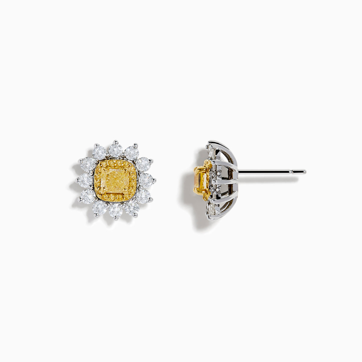 The Canare 18K Two Tone Gold White and Yellow Diamond Flower Earrings feature a central yellow gemstone encircled by white, teardrop-shaped stones, beautifully set against a white background.