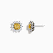 The Canare 18K Two Tone Gold White and Yellow Diamond Flower Earrings feature a central yellow gemstone encircled by white, teardrop-shaped stones, beautifully set against a white background.
